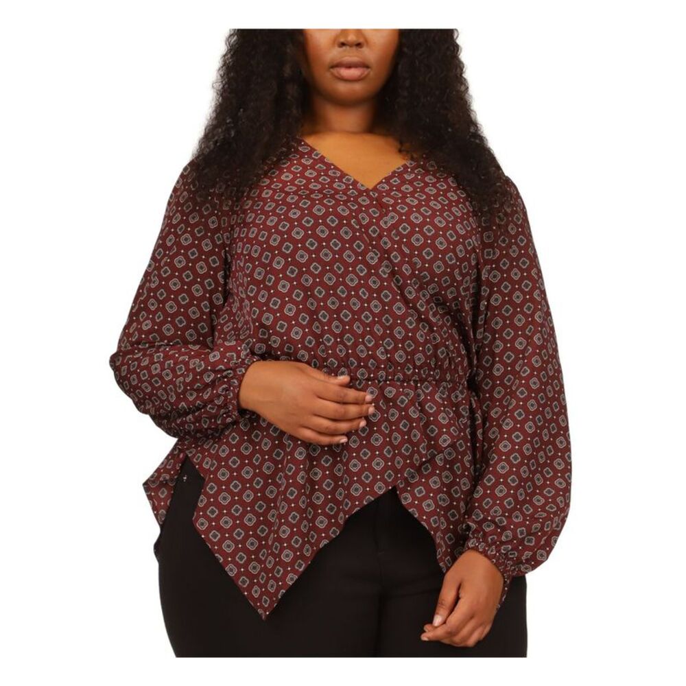 MICHAEL MICHAEL KORS Womens Maroon Long Sleeve Faux Wrap Top Plus 2X